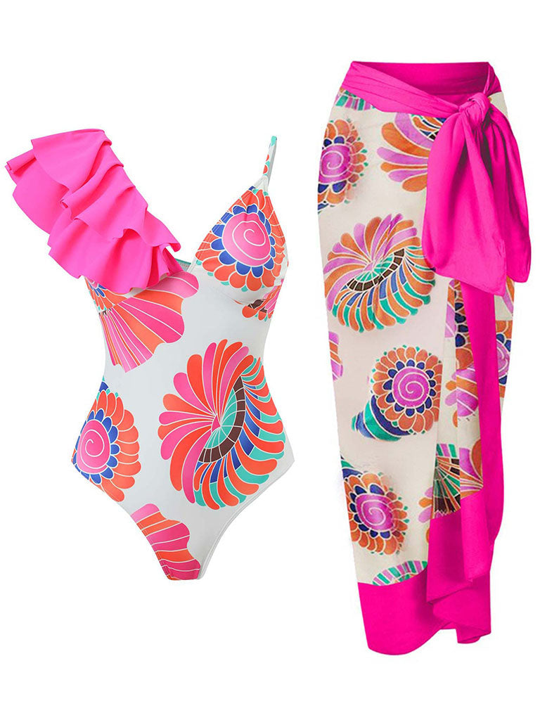 Pink Floral Print Ruffles Strap One Piece