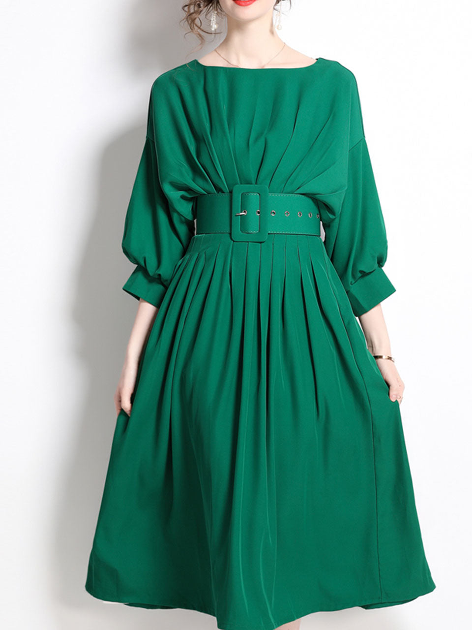Green Dolman Sleeve High Waist Swing Party Dress