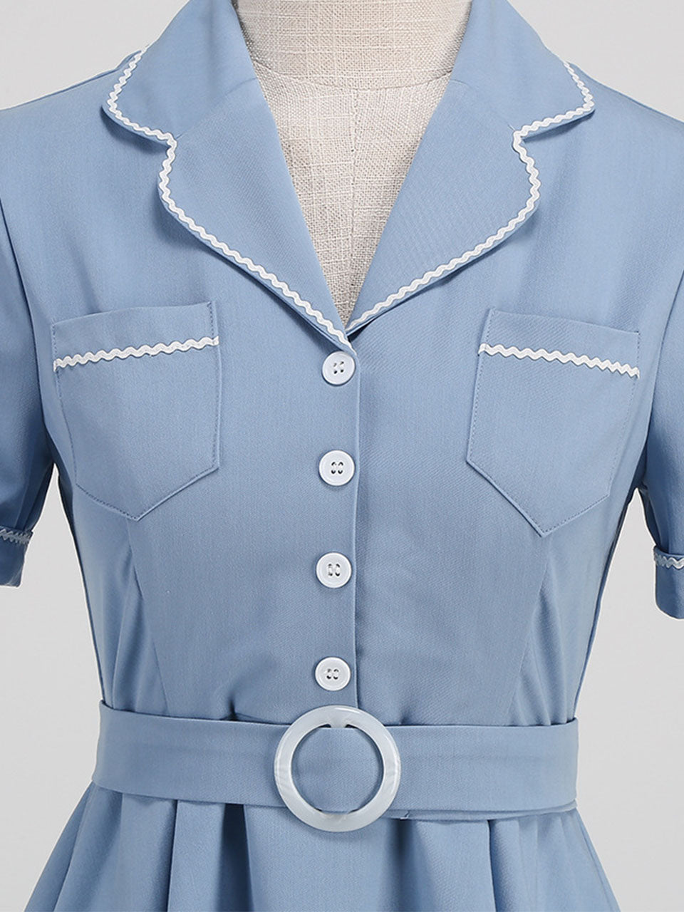 Blue 1950s Vintage Shirt Dress for Short Sleeve Audrey Hepburn Style Cocktail Swing Dress