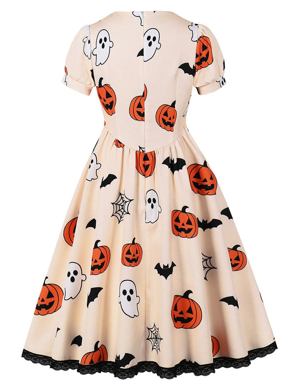 1950s Orange Square Neck Short Sleeve Halloween Pumpkin Print Vintage Swing Dress