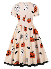 1950s Orange Square Neck Short Sleeve Halloween Pumpkin Print Vintage Swing Dress