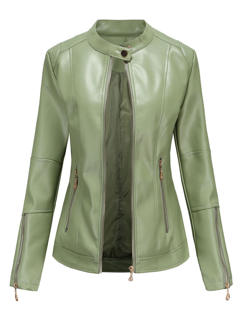 Light Green Long Sleeve PU Leather Motorcycle Jacket For Women