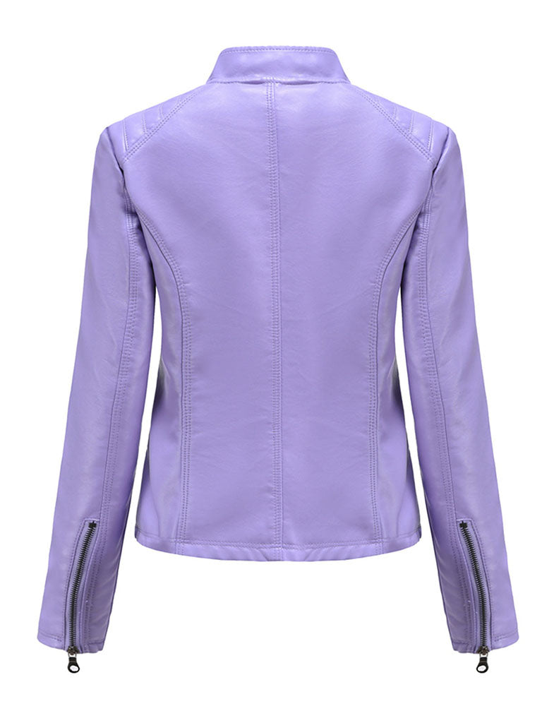 Stand Collar Long Sleeve PU Leather Motorcycle Jacket
