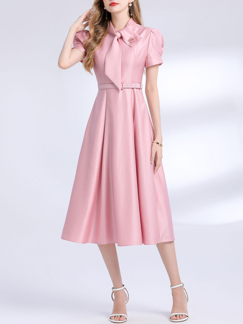 Pink Satin Bowknot Short Sleeve Classic 1950S Vintage Sweet Party Dress