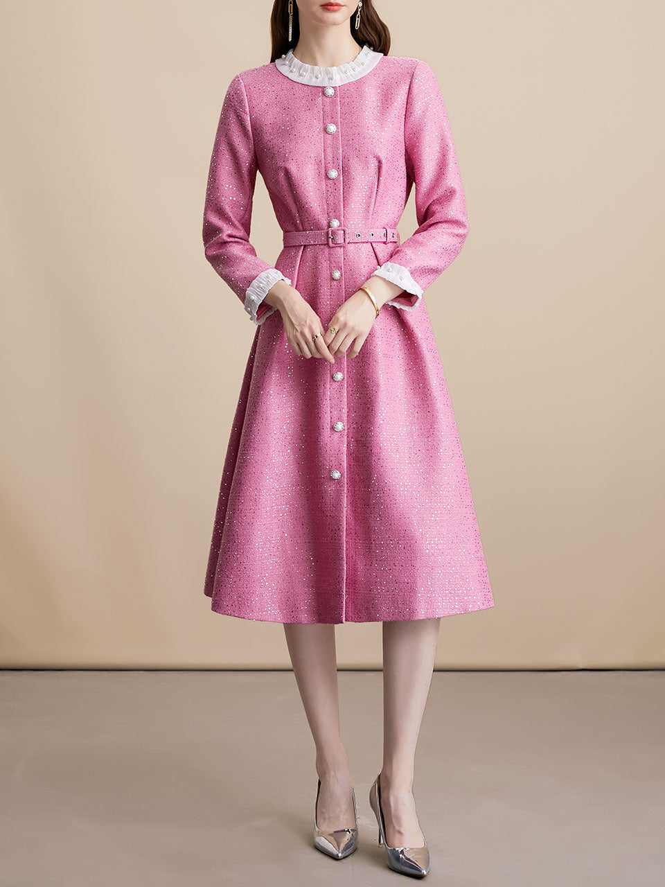 Pink Sequins Long Sleeve Classic 1950S Vintage Dress Coat