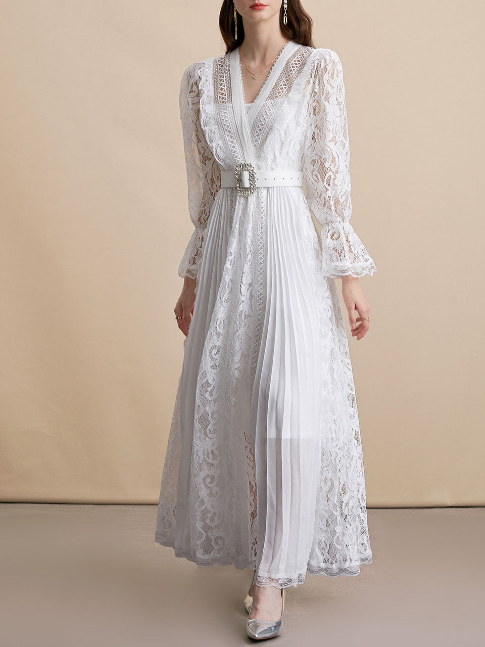 White V Neck Long Sleeve Classic 1950S Vintage Lace Dress
