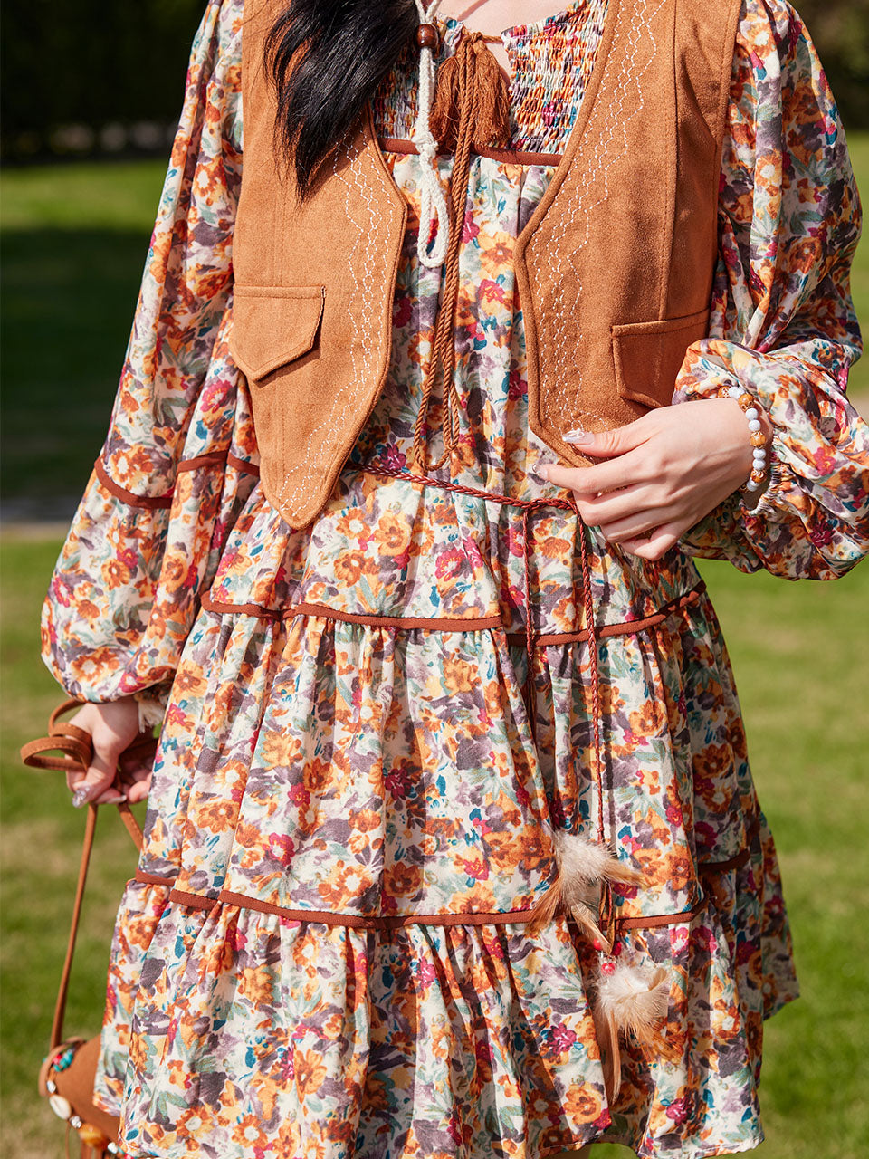 Bohemian Orange Printed Long-sleeved Mini Dress