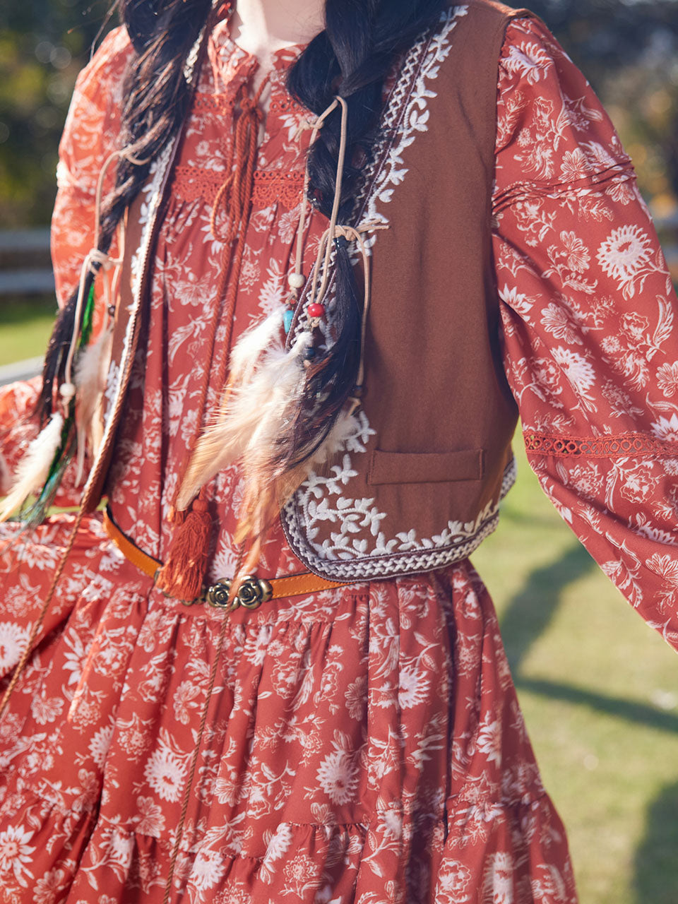 Bohemian Orange Printed Long-sleeved Mini Dress