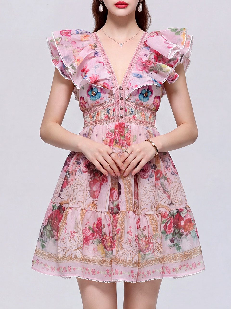 Boho Yellow Floral Printed Chiffon V-Neck Ruffled Summer Beach Mini Dress