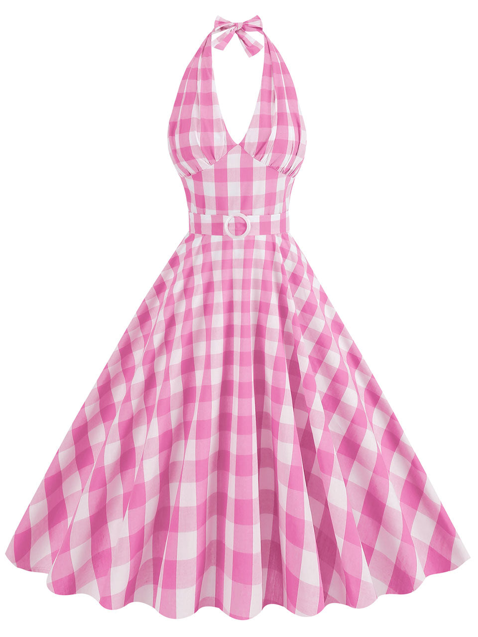 Pink And White Plaid Halter Deep V Neck 1950S Vintage Dress