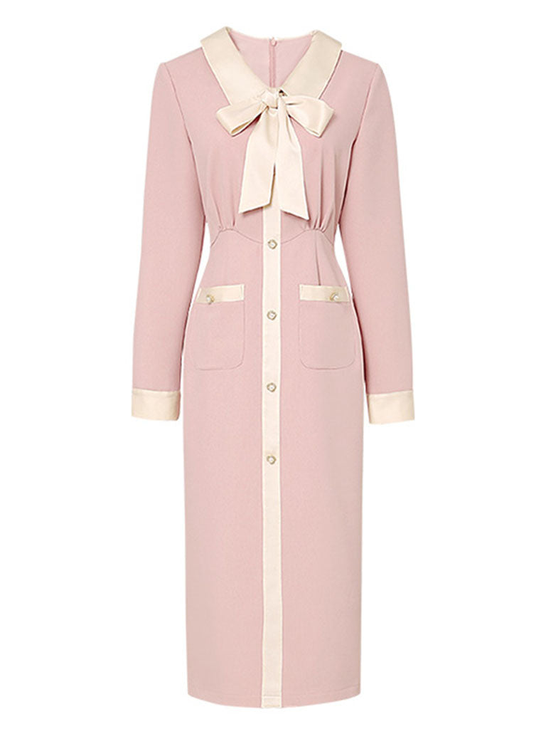 Pink Turn Down Collar Long Sleeve 1940S Vintage Dress