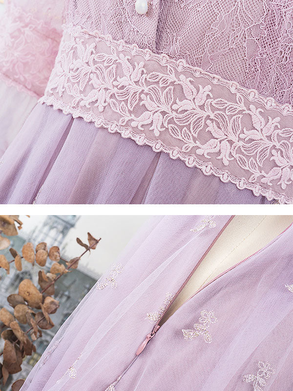 Embroidered Puff Long Sleeve Edwardian Revival Dress