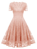 Solid Color Lace Short Sleeve V Neck 50s Party Swing Dress