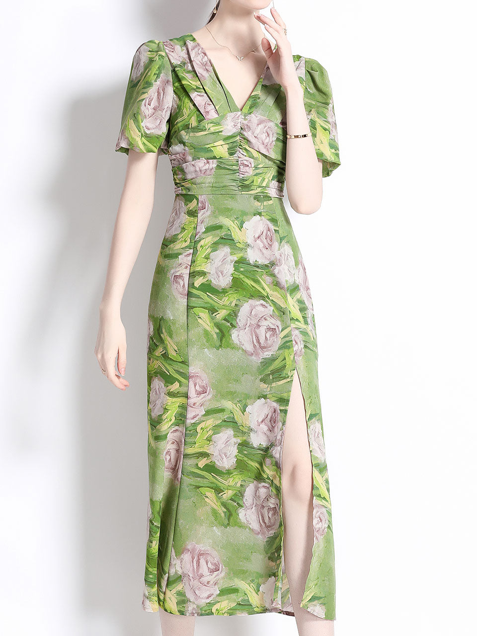 Green V-neck Puff Sleeves Floral Print Slit Bodycon Dress