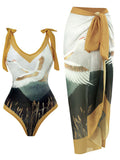 Cranes Bird Print Retro Style V Neck One Piece