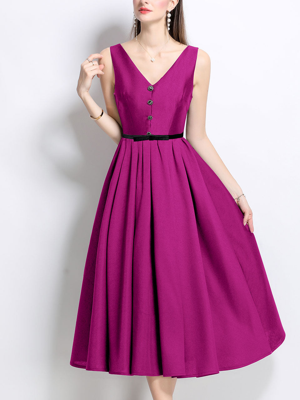 Purple Satin V Neck Sleeveless Classic 1950S Vintage Sweet Party Dress