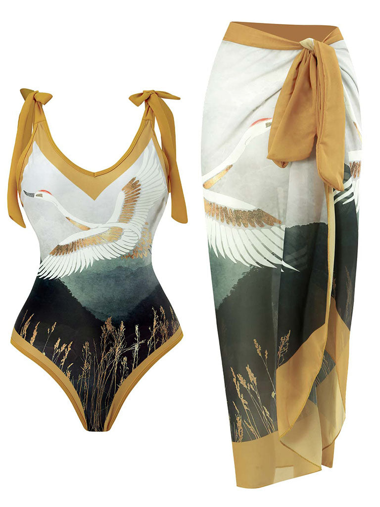 Cranes Bird Print Retro Style V Neck One Piece