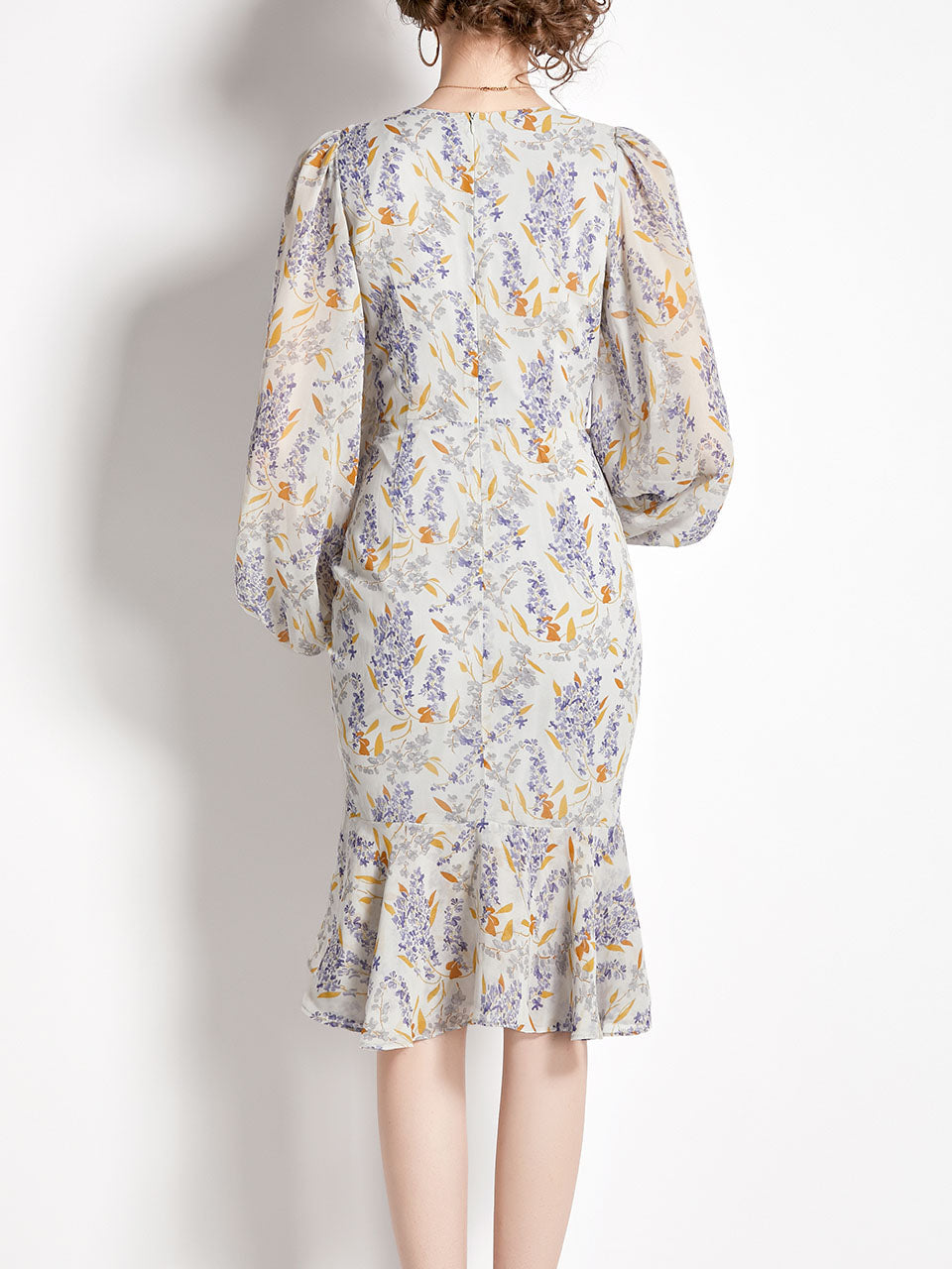 Grey Crew Neck Puff Sleeves Floral Print Bodycon Dress