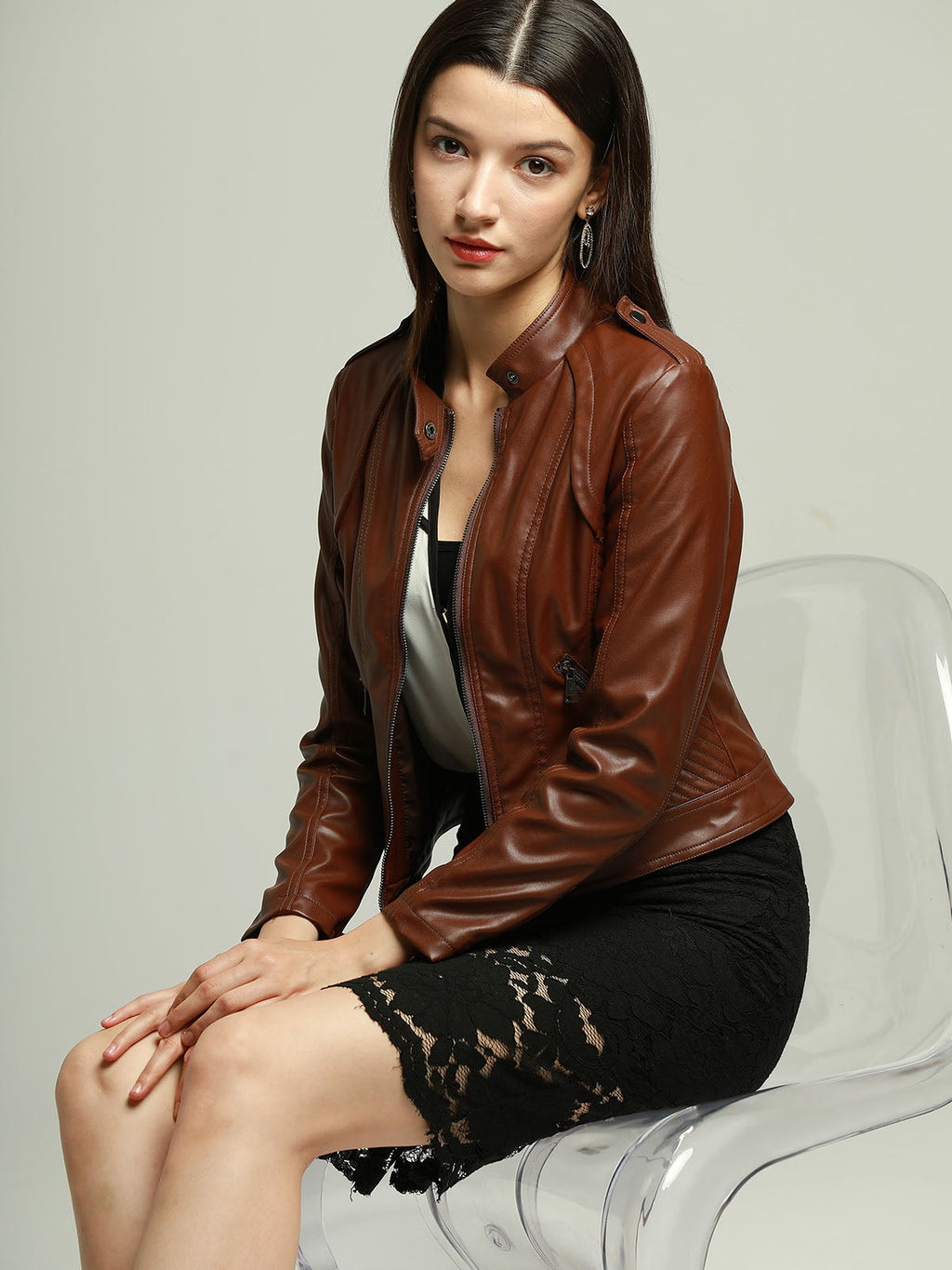 Brown Long Sleeve PU Leather Soft Jacket For Women