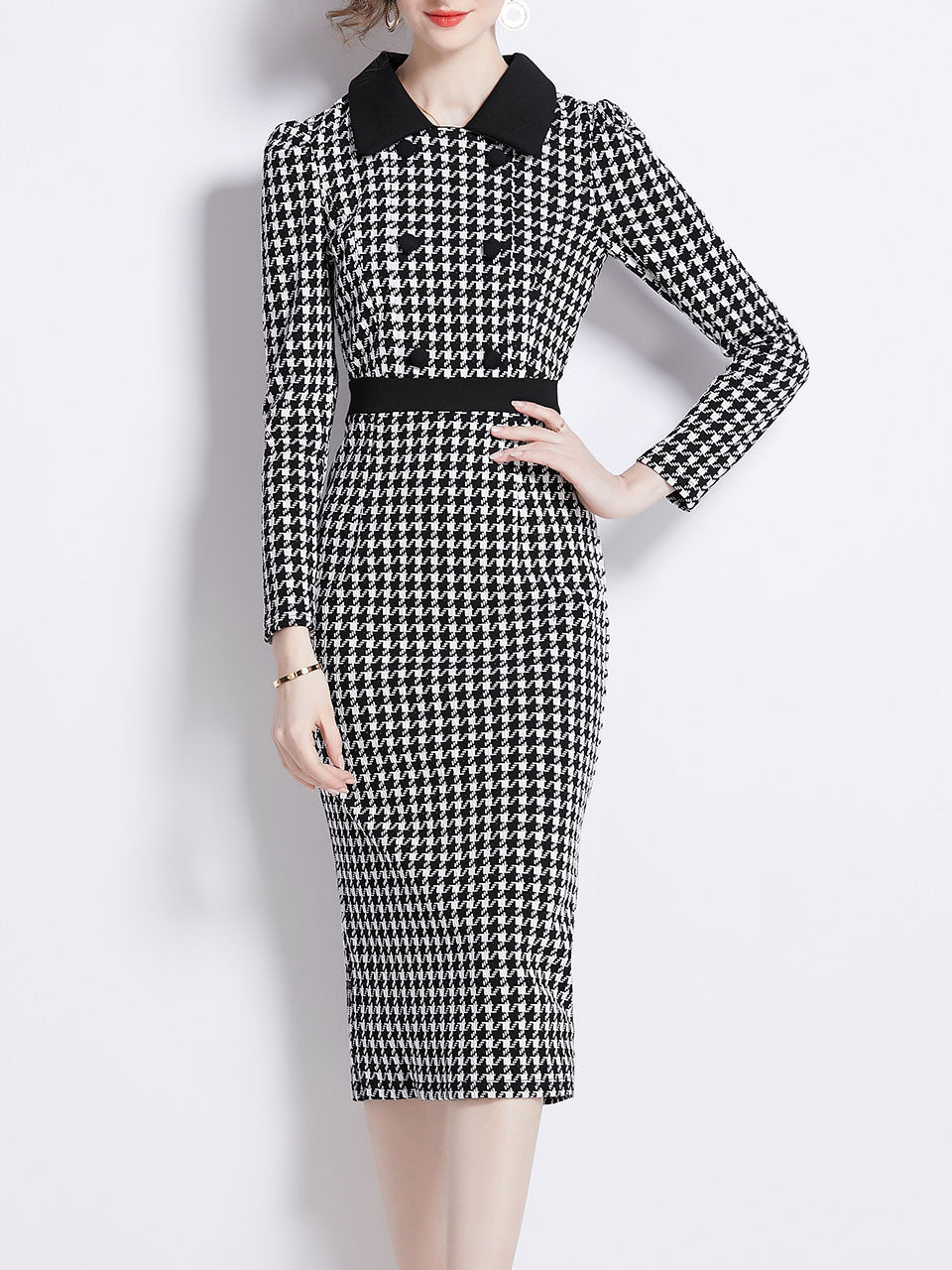 Black and White Houndstooth Peter Pan Collar Vintage Bodycon Dress