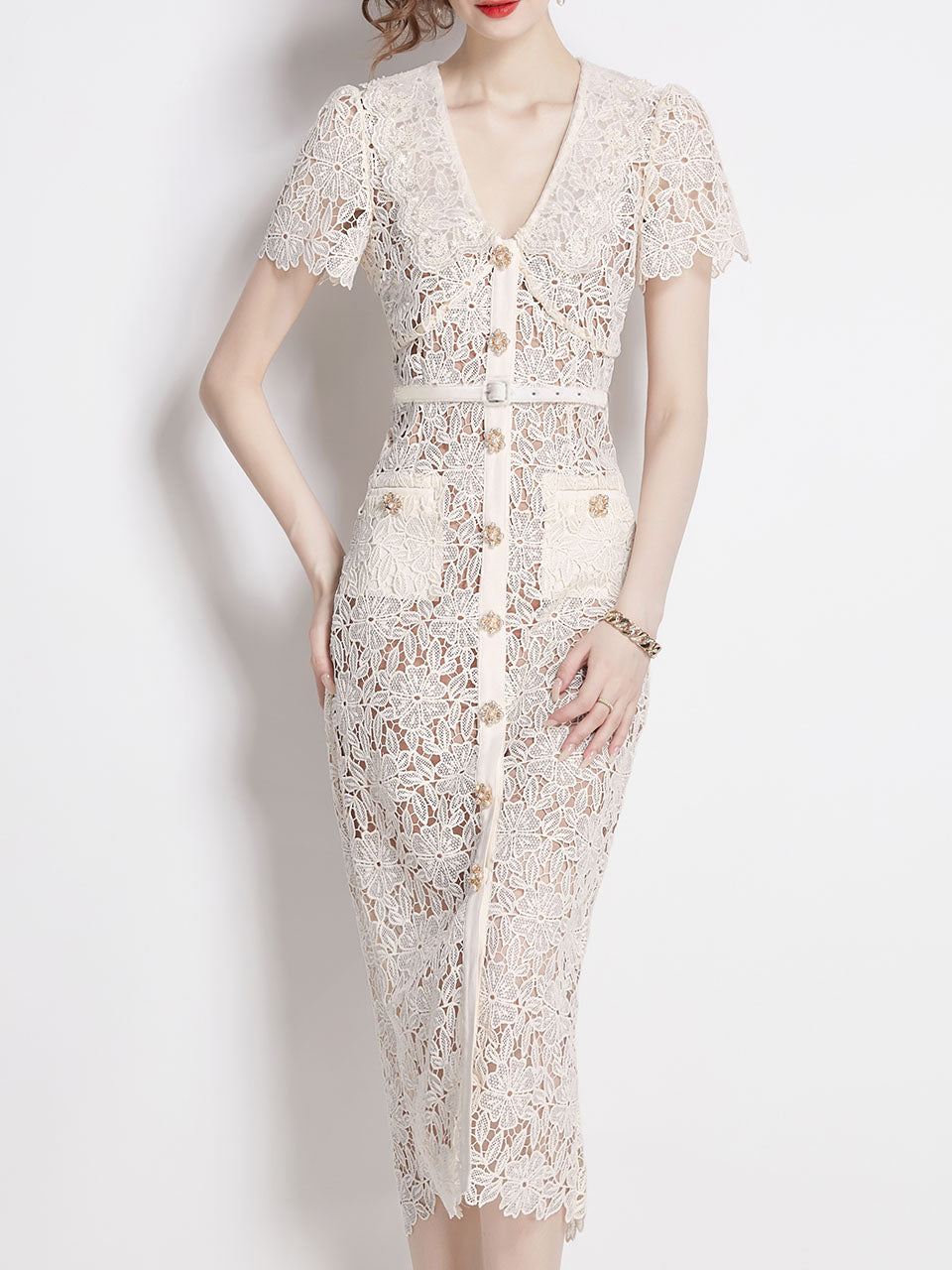 White Lace V Neck Short Sleeve Bodycon Dress