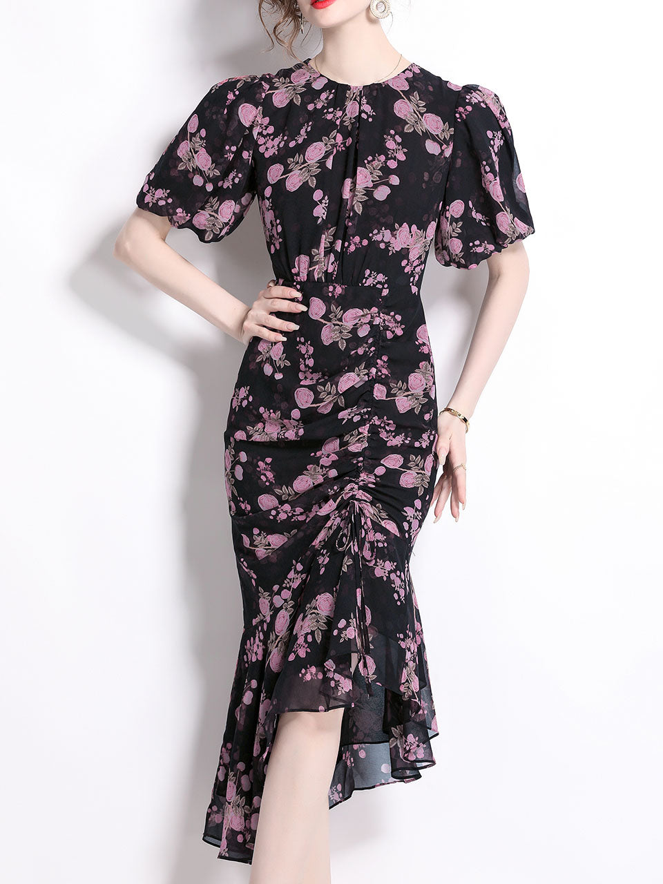 Black Crew Neck Puff Sleeves Floral Print Bodycon Dress