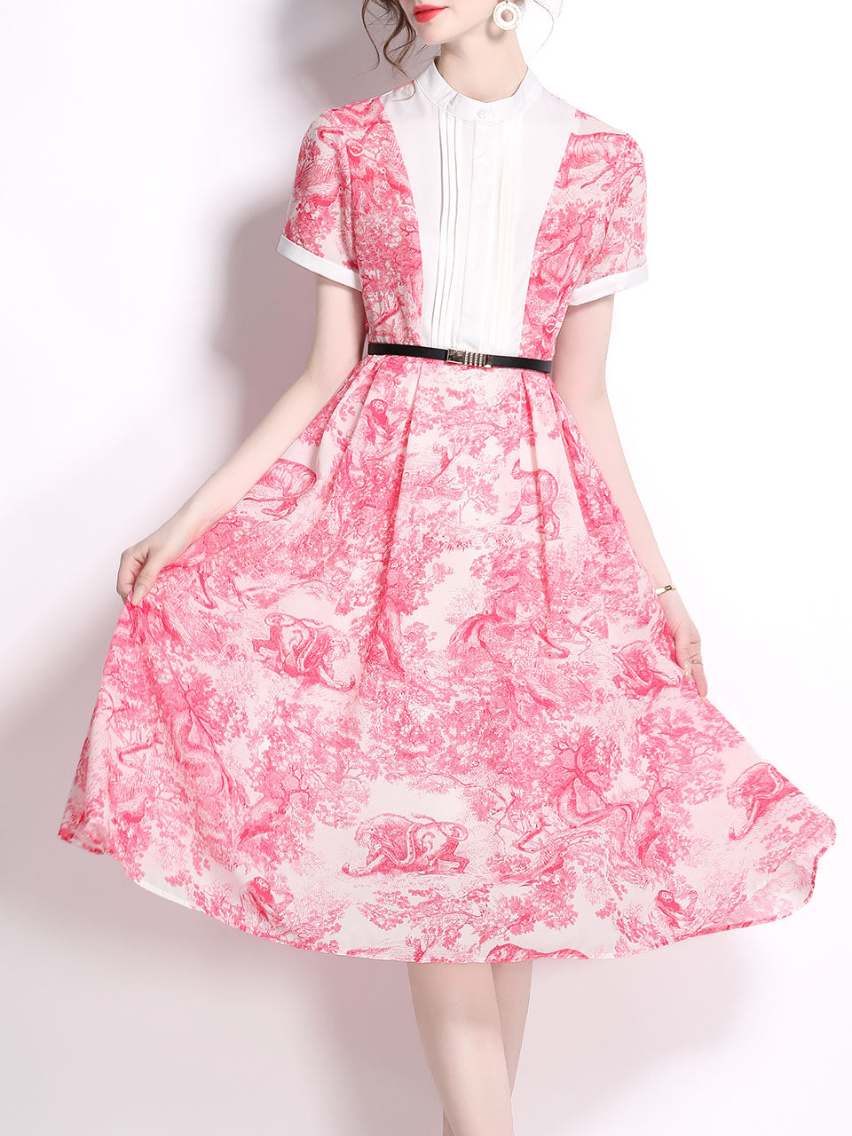 Pink Romantic Print Stand Collar Vintage Swing Dress