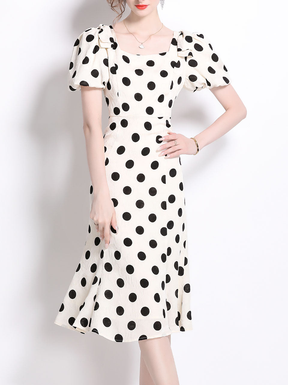 Black Polka Dots Vintage Puff Sleeves Bodycon Dress