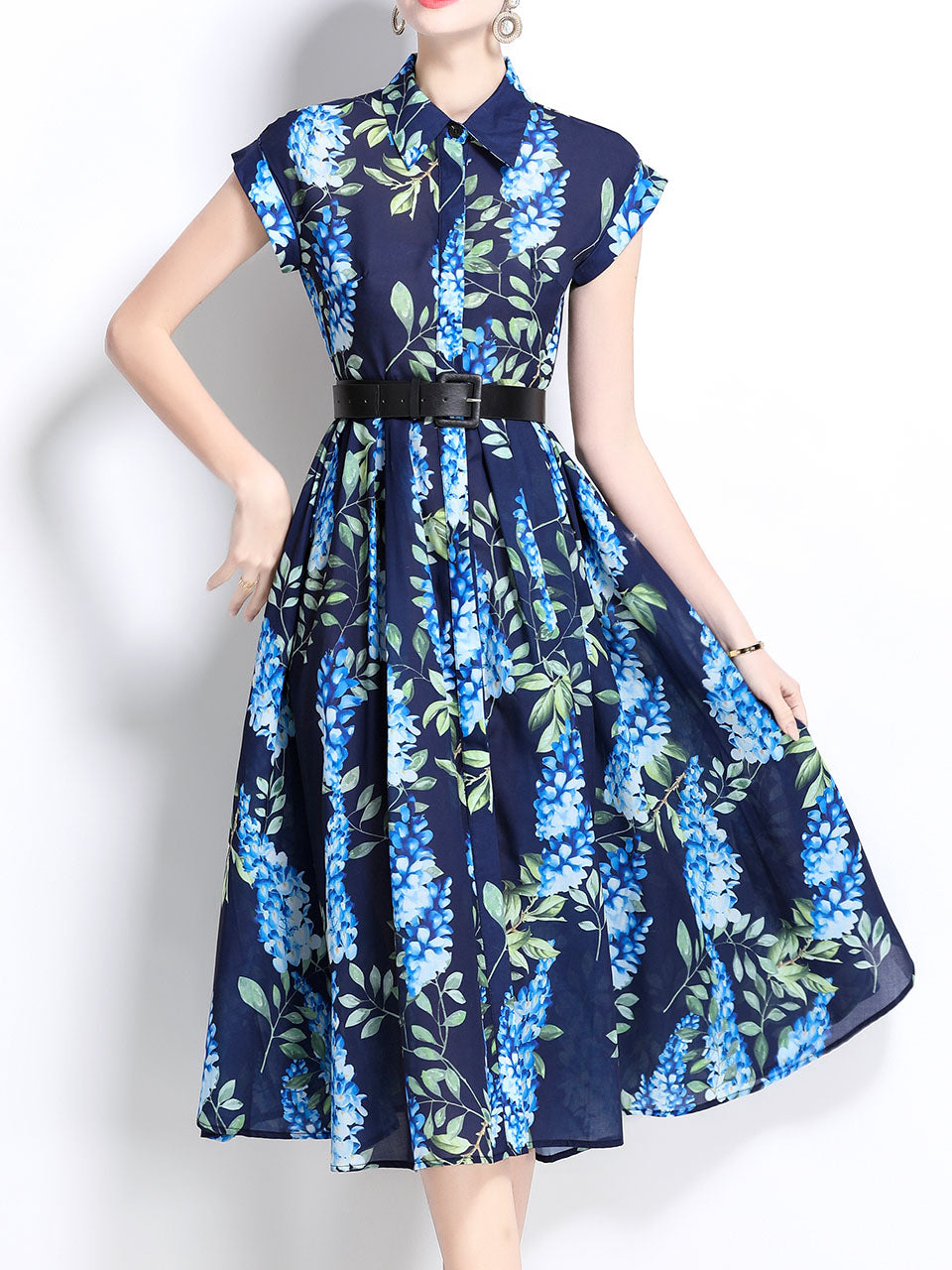 1940S Classic Shirt Collar Vintage Print Cap Sleeve Cotton Dress