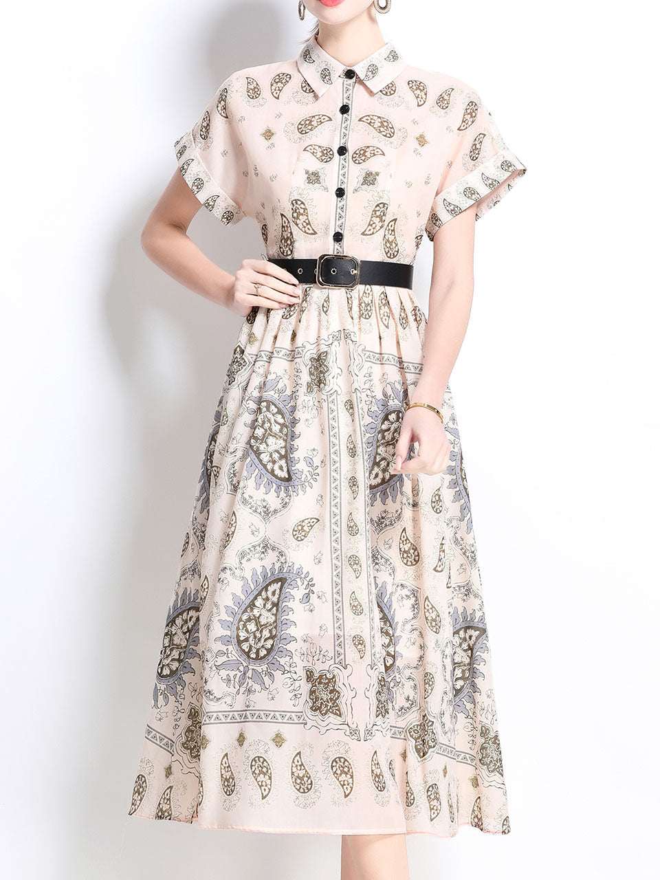 1940S Classic Shirt Collar Vintage Print Cotton Dress