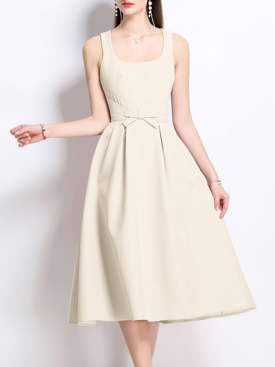 Pink Satin U Neck Sleeveless Bow 1950S Vintage Sweet Party Dress