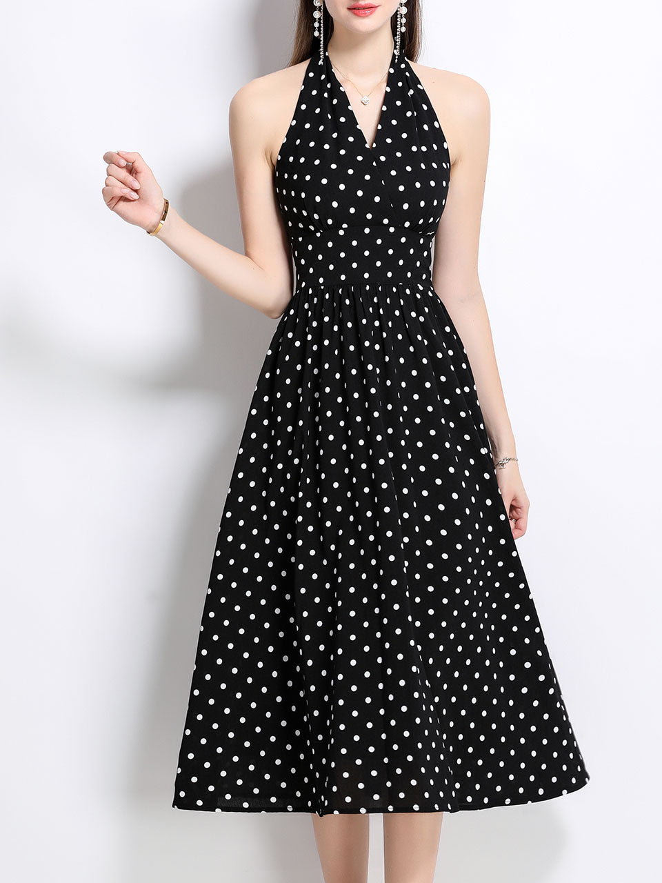 1950S Hepburn Style Outfits Polka Dots Halter Swing Dress