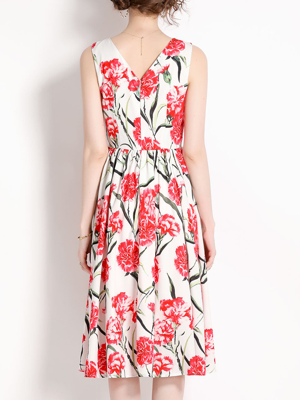 White Flower Print Sleeveless High Waist Swing Vintage Dress