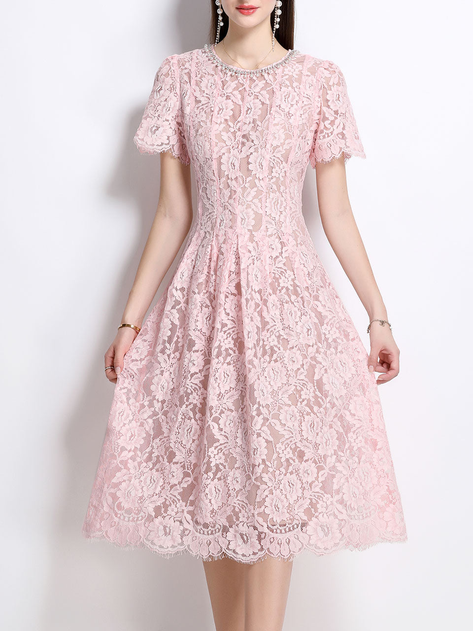 Pink Crew Neck Short Sleeve Classic 1950S Vintage Lace Dress
