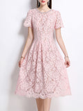 Pink Crew Neck Short Sleeve Classic 1950S Vintage Lace Dress