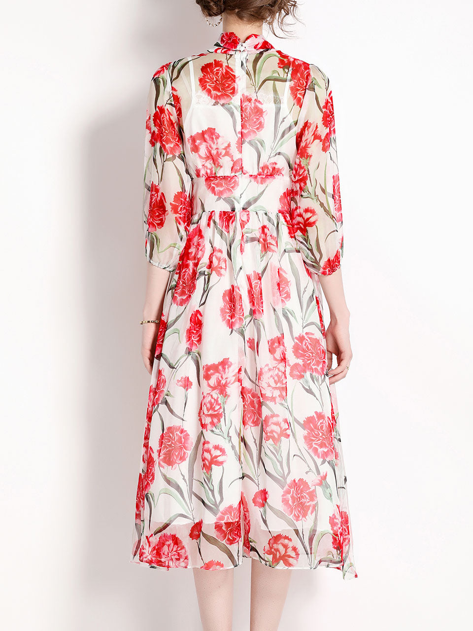 White Flower Print Long Sleeve High Waist Swing Vintage Dress