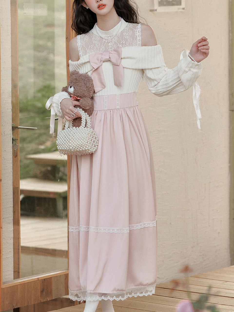 Sweetheart Pink Cold Shoulder Lace Long Sleeve Vintage Dress