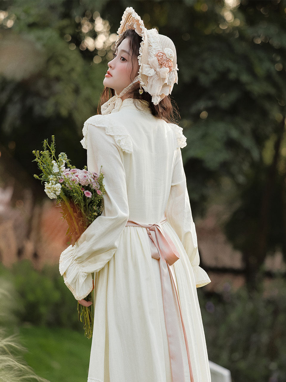 White Edwardian High Neck Lace Embroidered Vintage Dress