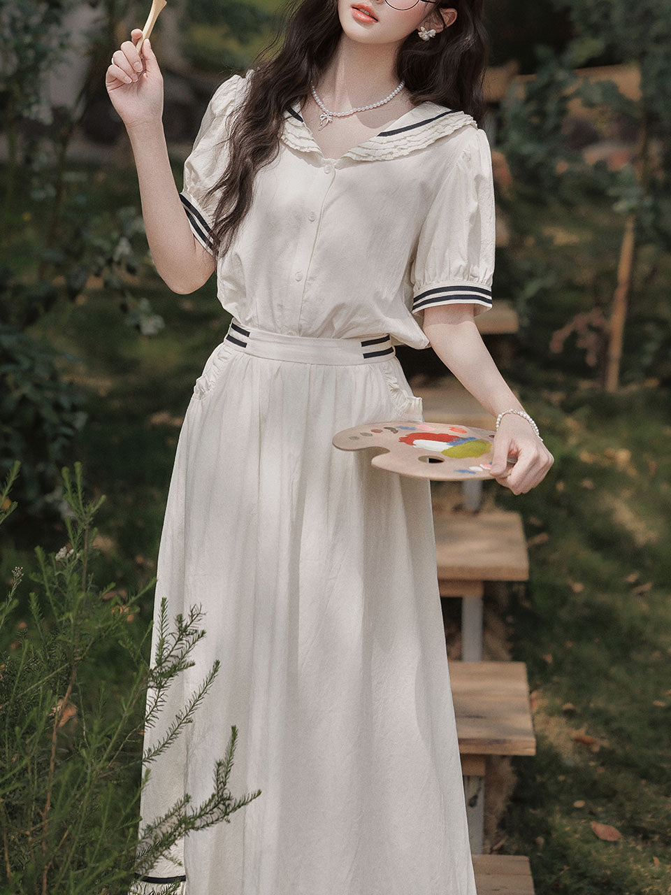 White Sailor Style Top and Skirt Set 2 Piece Matching Outfit for Women