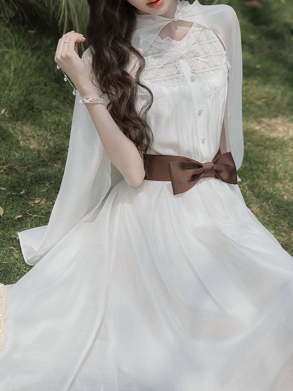 2PS White Lace Chiffon Cape Vintage Dress Set
