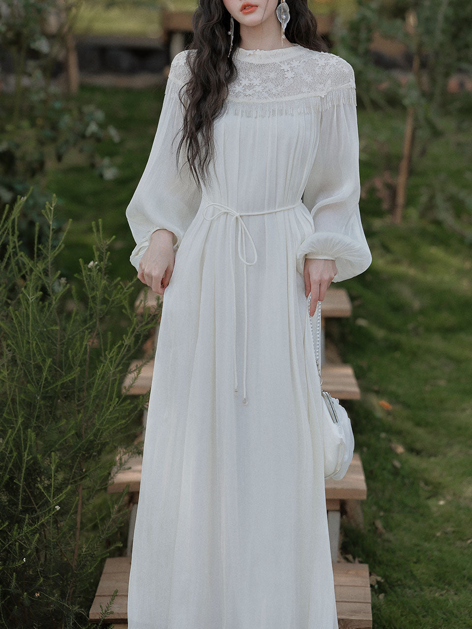 Vintage White Lace Fringe Flowing Boho Wedding Maxi Dress