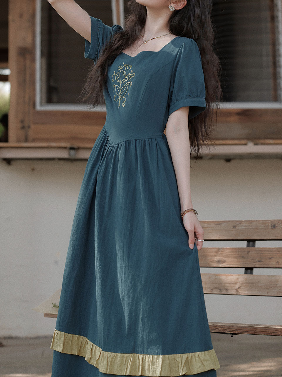 Peacock Blue Bluebell Embroidered Vintage Dress
