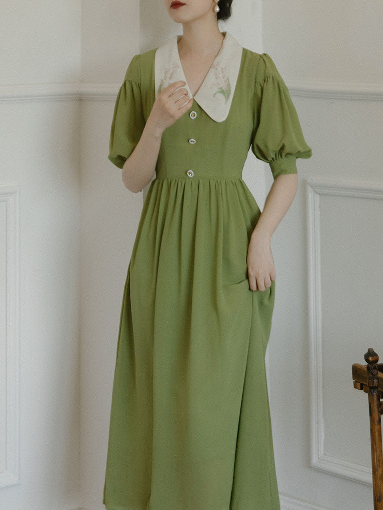 Green Chelsea  Floral Embroidered Collar Audrey Hepburn 1950S Dress