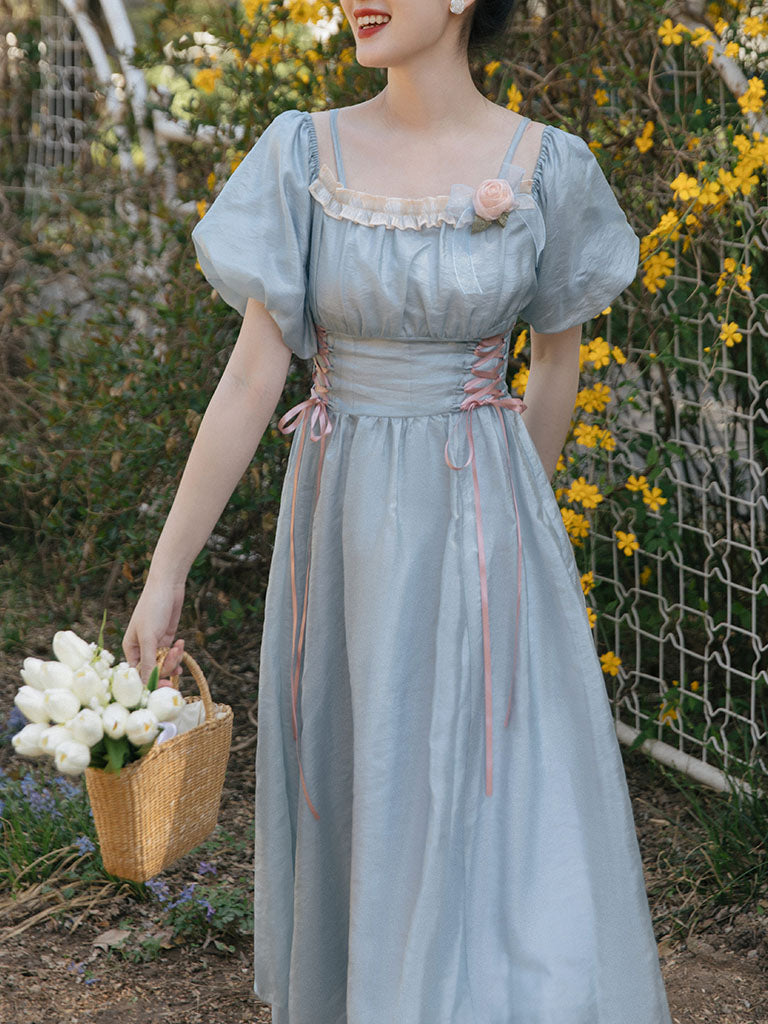 Baby Blue Square Collar Flower Princess Vintage Dress