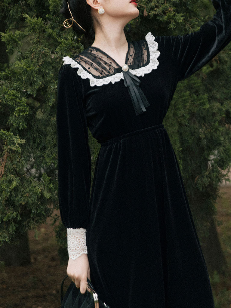 Black Semi-Sheer Velvet  Long Sleeve Lace Vintage Dress