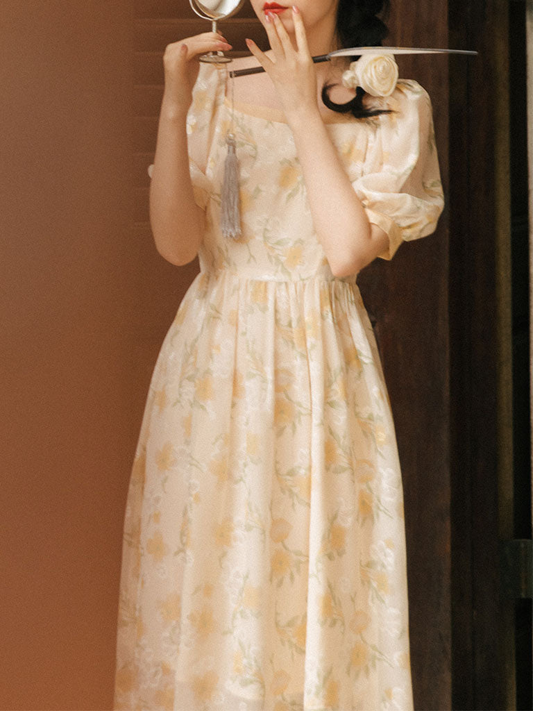 Yellow Floral Print Vintage Dream 1950S Graden Dress