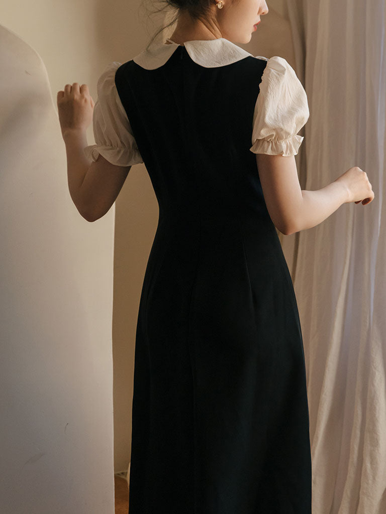 Black Peter Pan Ruffles Puff Sleeve Audrey Hepburn 1950S Dress