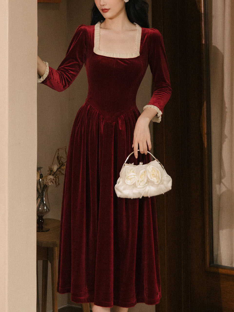 Red Square Collar White Lace Velvet 1950S Hepburn Style Vintage Dress
