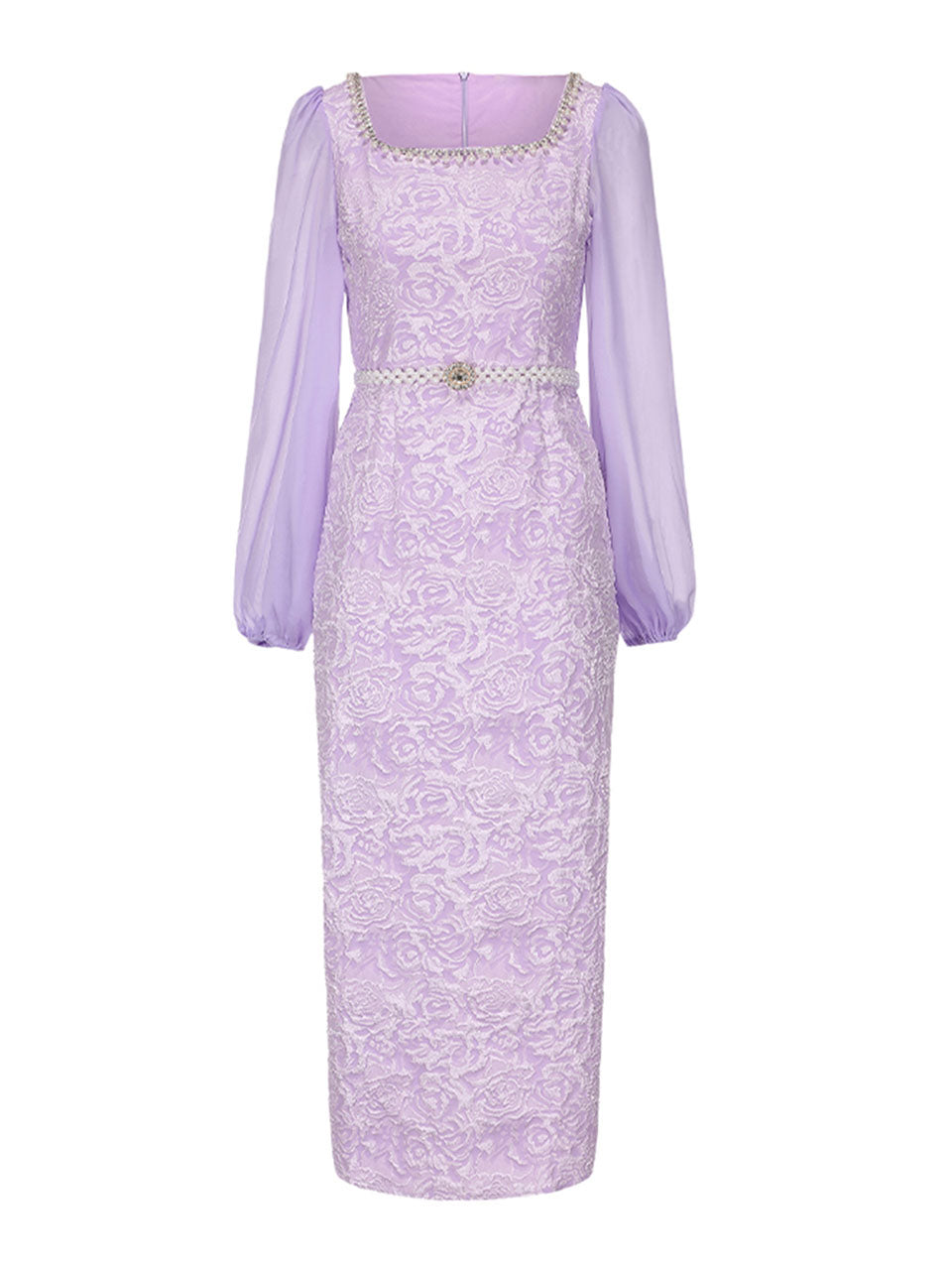 Purple Square Neck Jacquard Bodycon Midi Dress