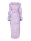 Purple Square Neck Jacquard Bodycon Midi Dress